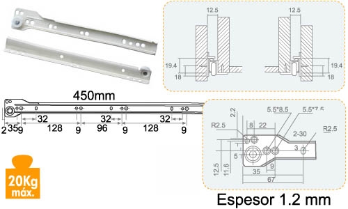 GUIA CAJON NEXO-05. 45 CM BLANCA 20620
