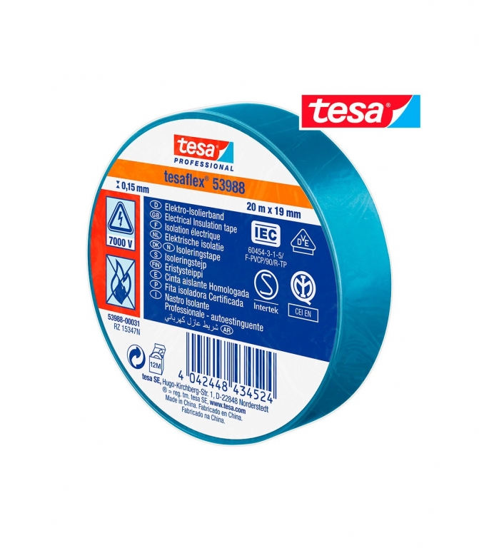CINTA AISLANTE TESA 20MTR.x19mm AZUL